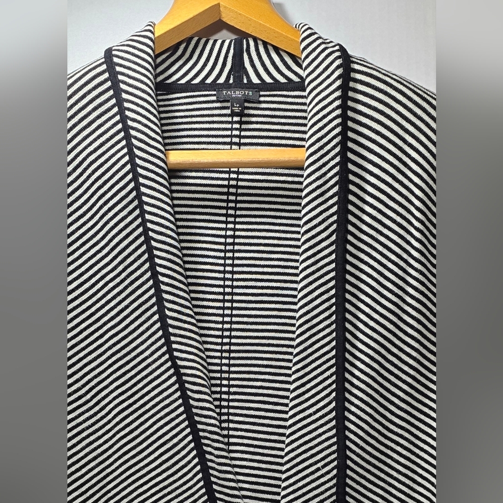 Talbots Large Petite Black and White Striped Women's Open Front Cardigan - Picture 5 of 5